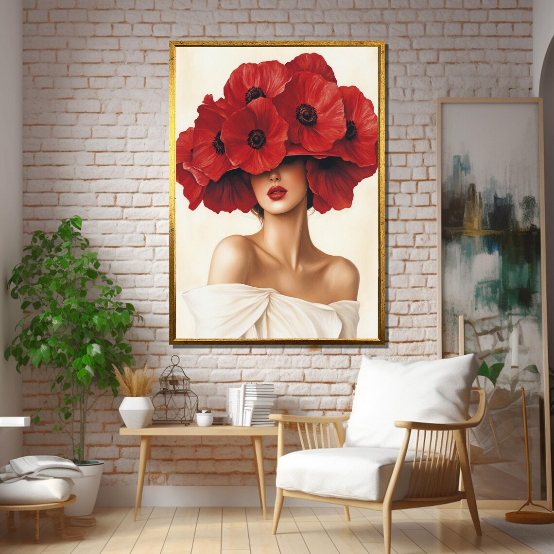 Woman With Red Poppies Hat, Elegant Floral Portrait - Image 5