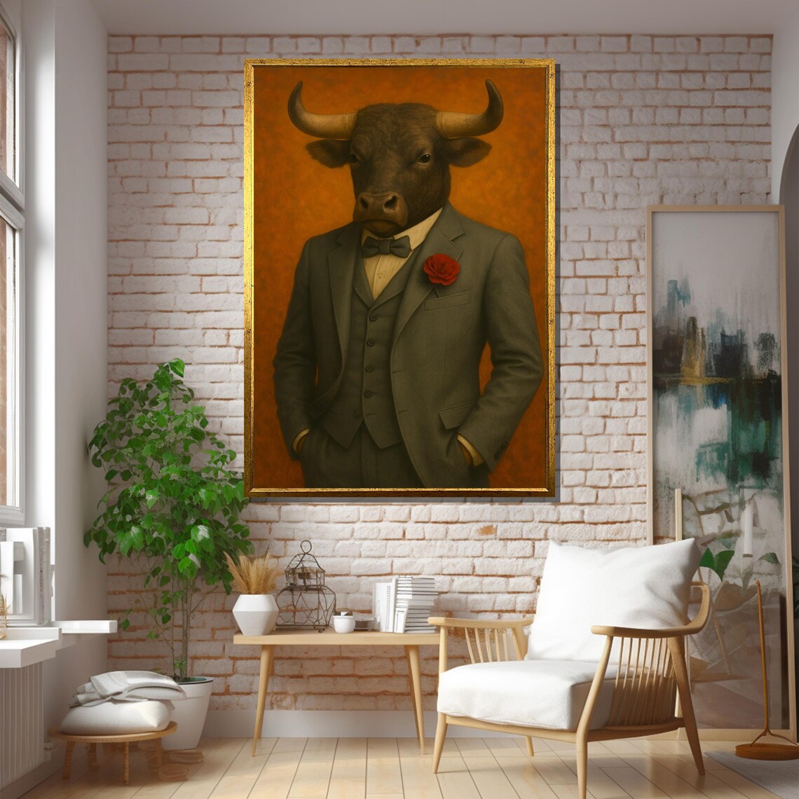Elegant Bull In Tuxedo With Red Rose Art Print - Image 5