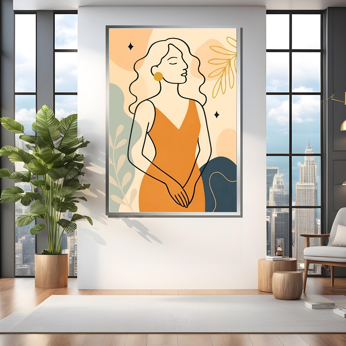 Minimalist Line Art Woman in Orange Dress Boho Abstract Poster - Image 4