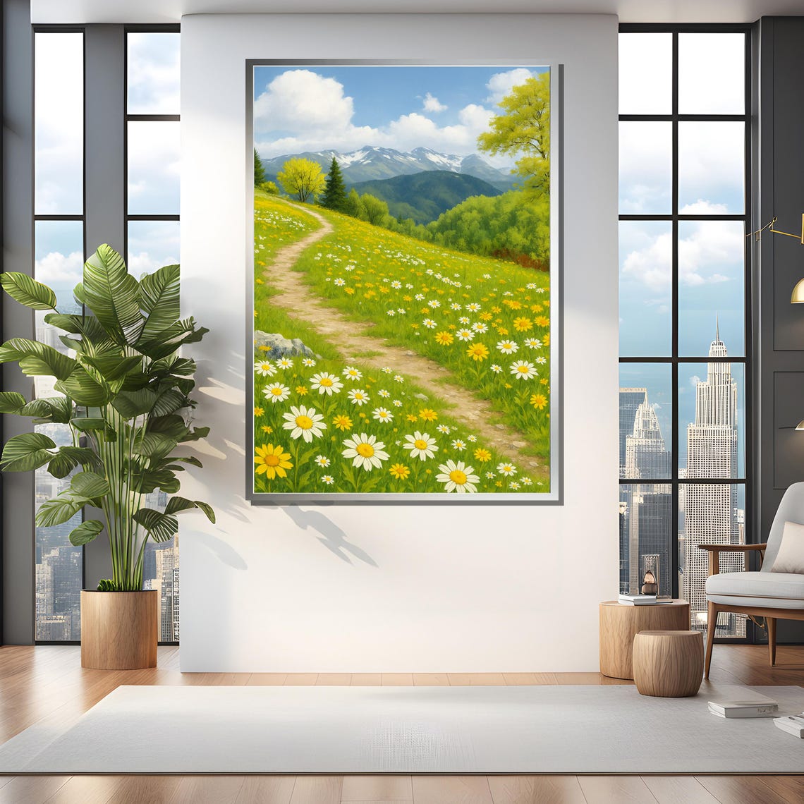 Daisy Meadow Path With Mountain View, Art Print - Image 4