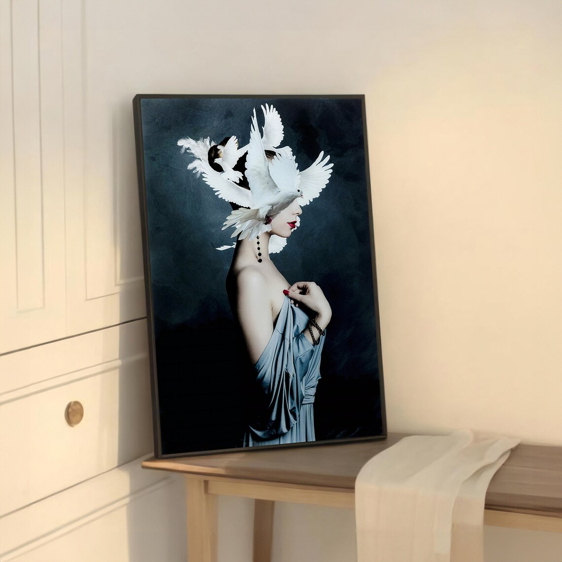 Elegant Woman With White Birds, Timeless Decor - Image 5