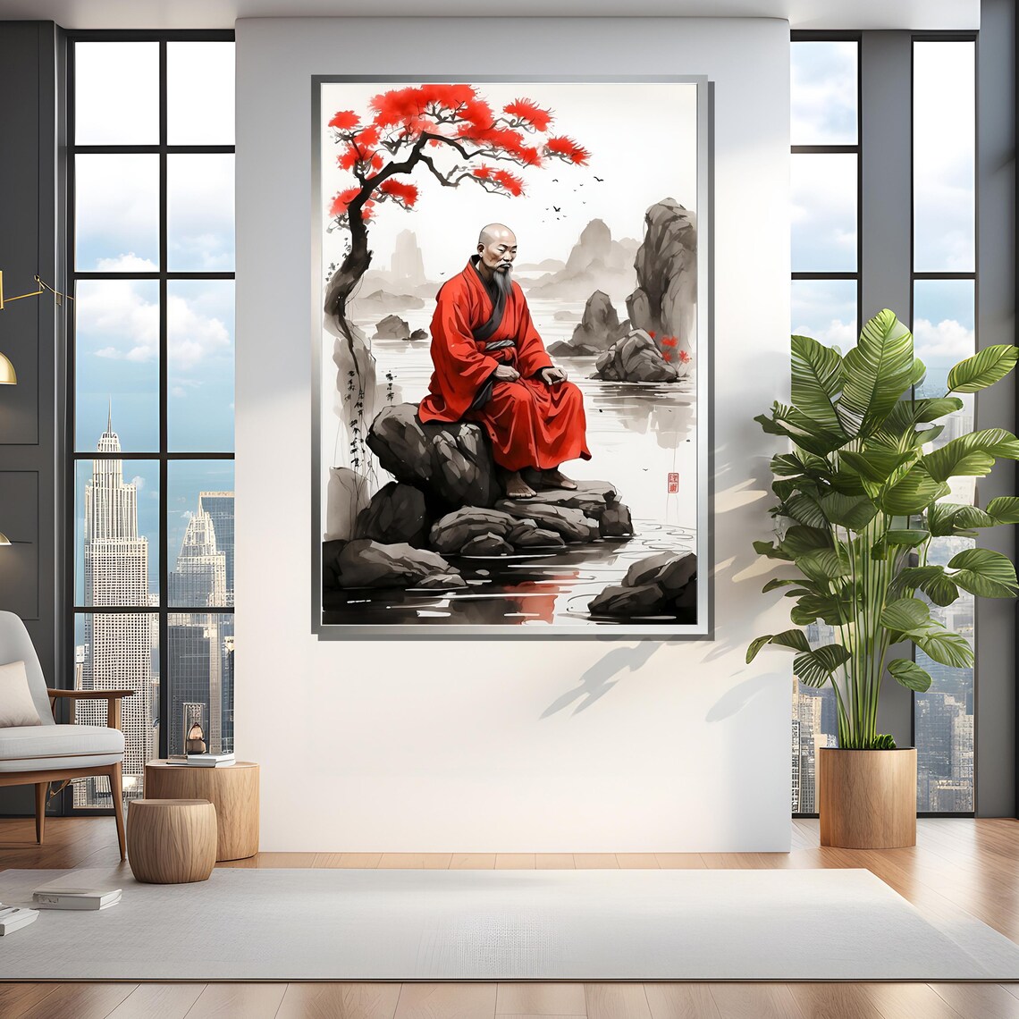 Zen Monk By Waterfall With Red Tree Art Print - Image 4