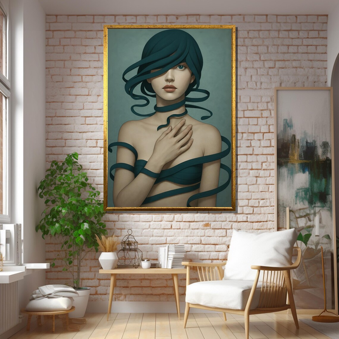 Mysterious Woman Wrapped in Teal Ribbons Surreal Portrait Poster - Image 5