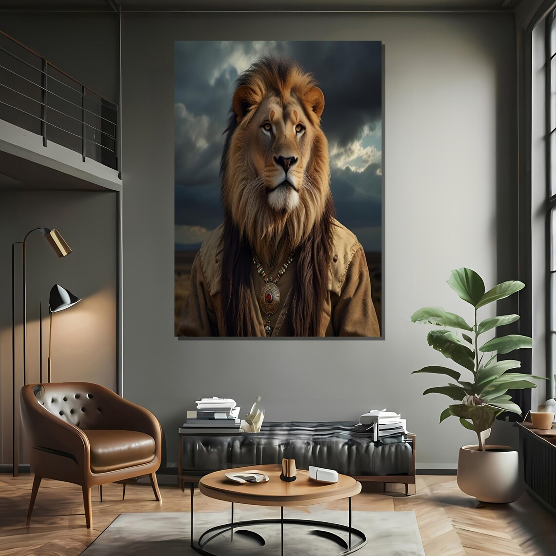 Regal Warrior Lion Portrait, Tribal Attire Art Print - Image 2