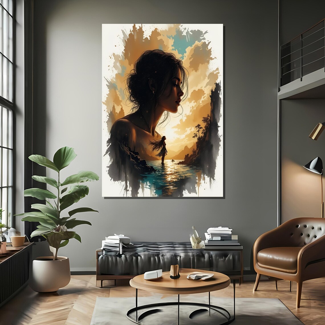 Double Exposure Woman with Sunset Seascape Silhouette Art Poster - Image 2