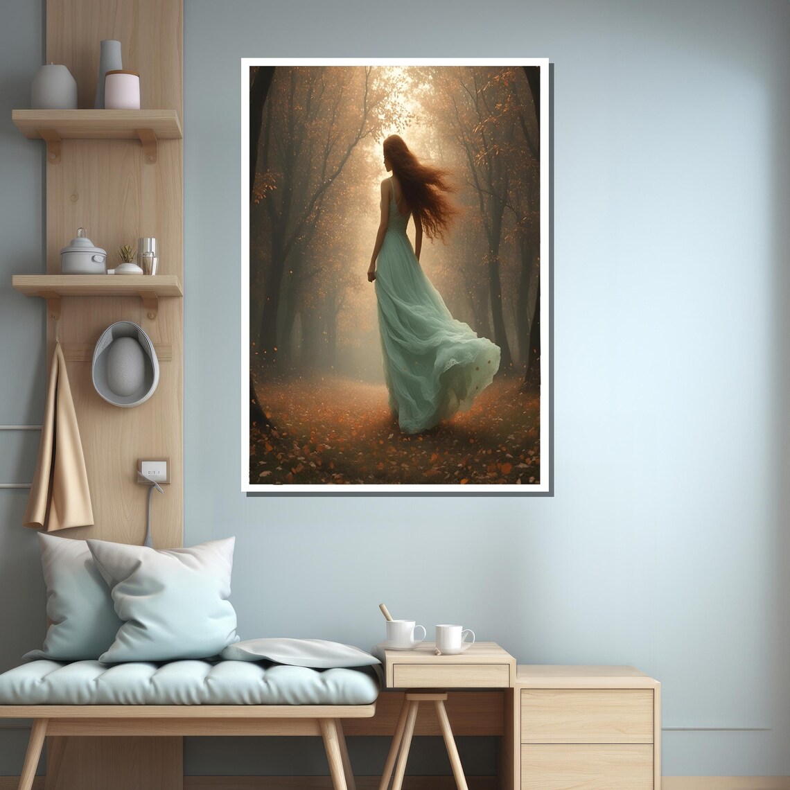 Elegant Woman Walking In Autumn Forest Art Print - Image 3