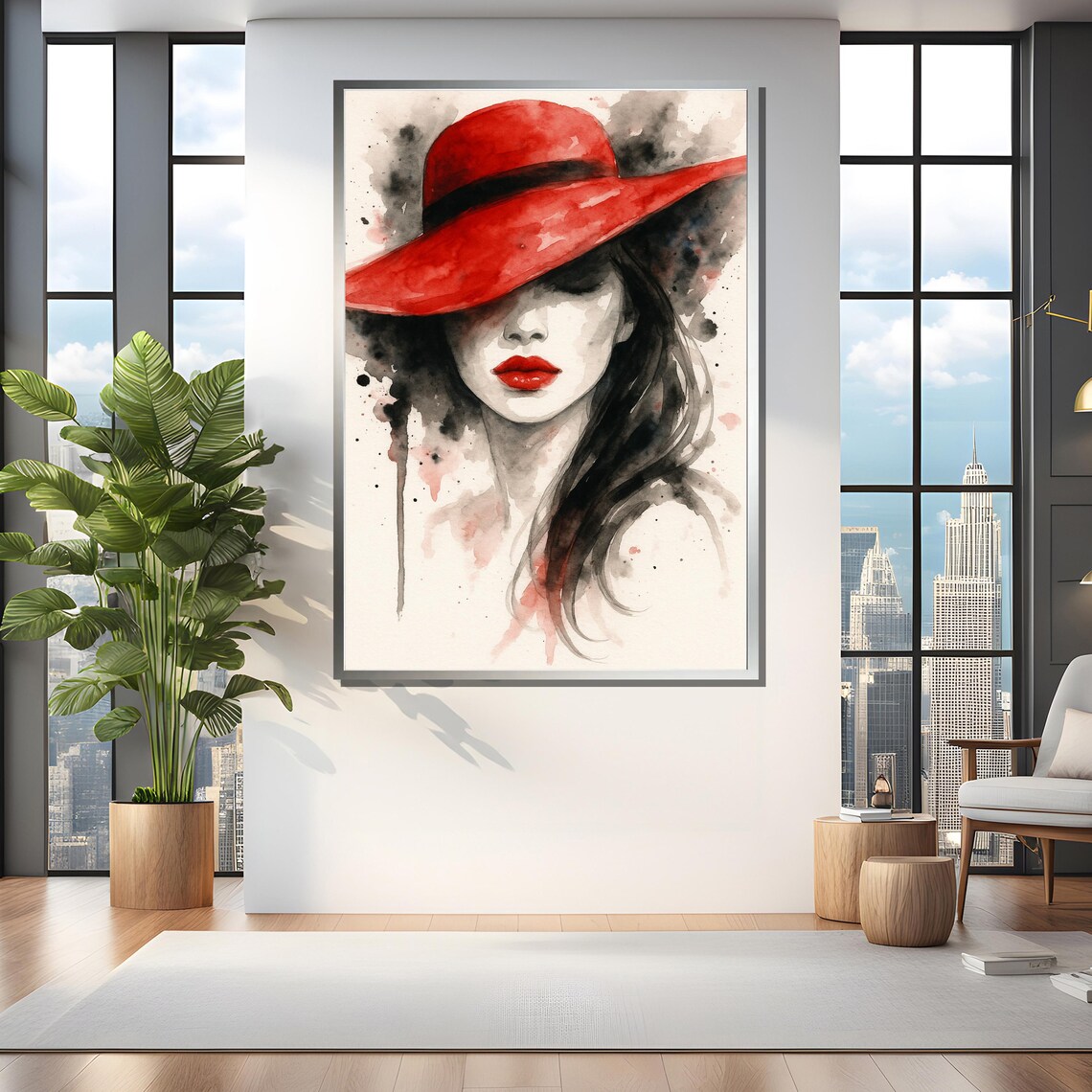 Red Hat Woman Portrait, Watercolor Art Print - Image 4