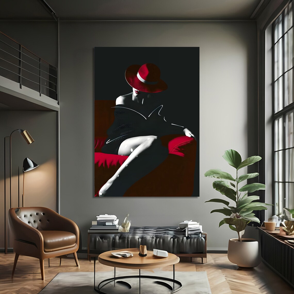 Elegant Red Hat Woman, Sophisticated Portrait Art - Image 3
