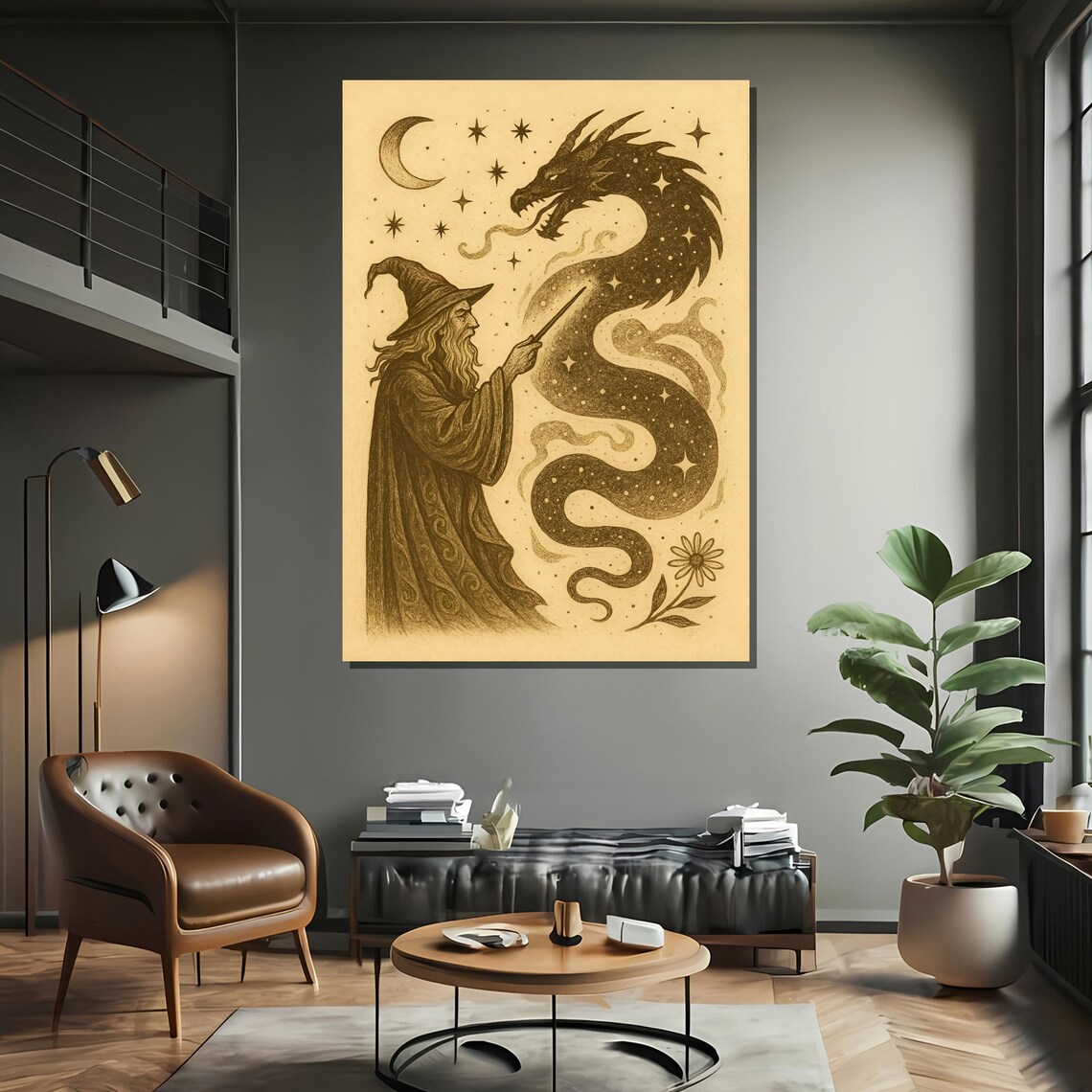 Magical Fantasy Wizard And Dragon Vintage Illustration - Image 2