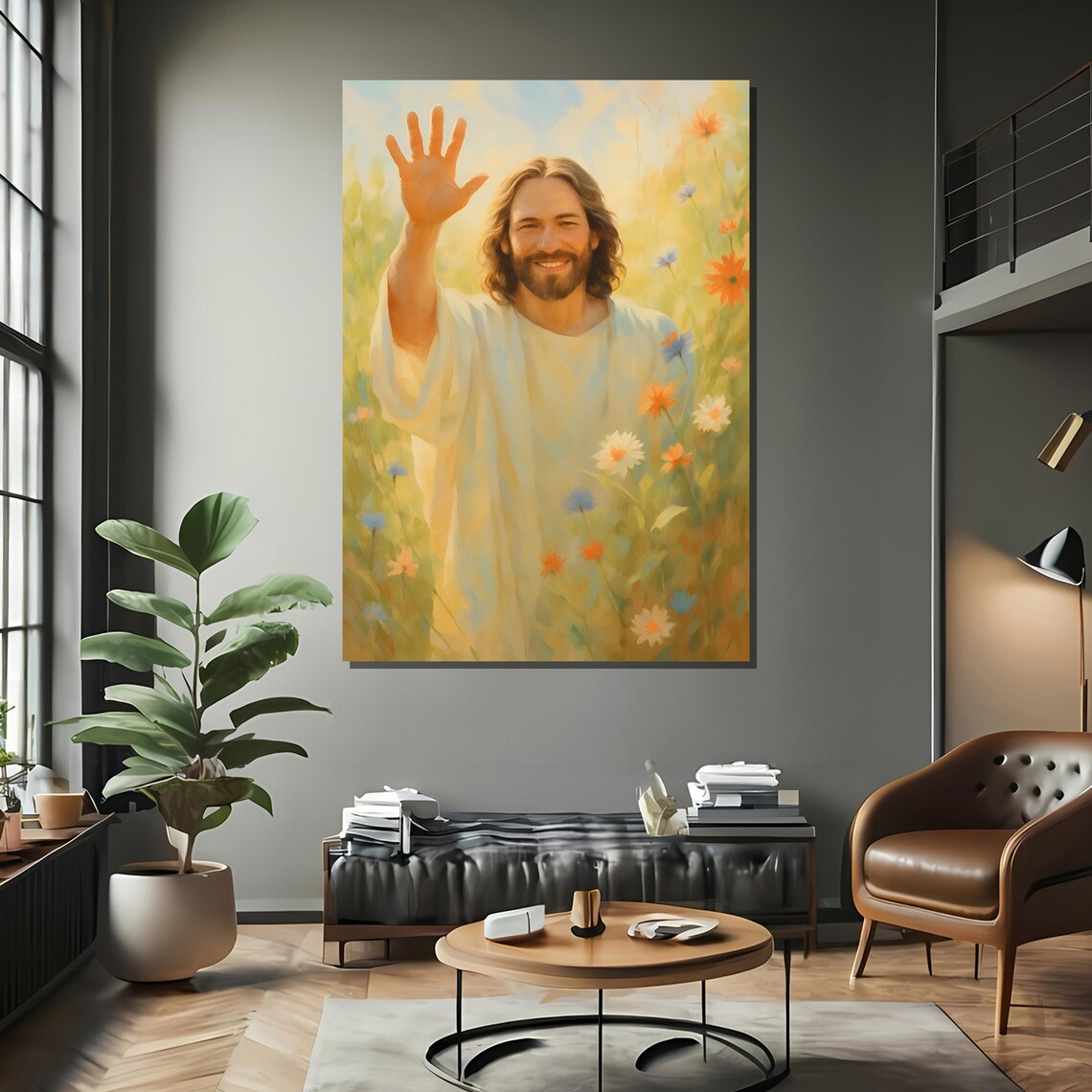 Peaceful Jesus in Floral Field, Christian Decor - Image 2