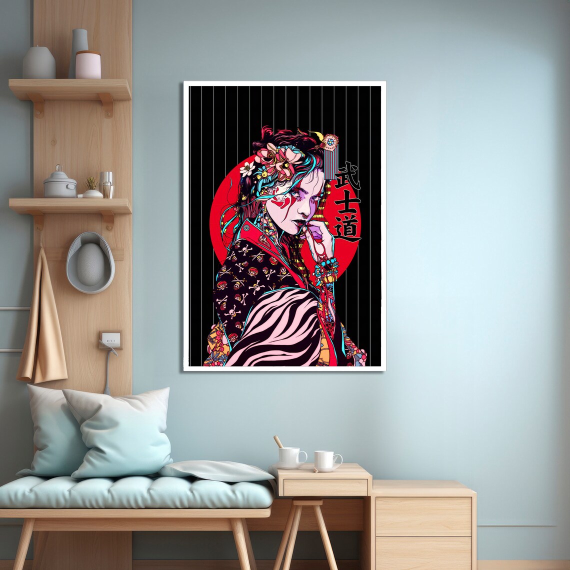 Women Samurai Portrait, Floral Accents Art Print - Image 4