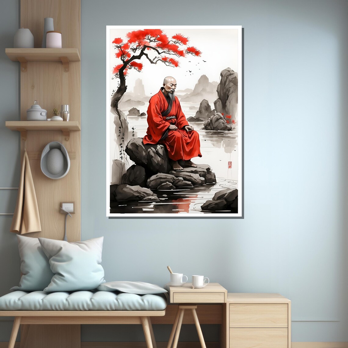 Zen Monk By Waterfall With Red Tree Art Print - Image 3