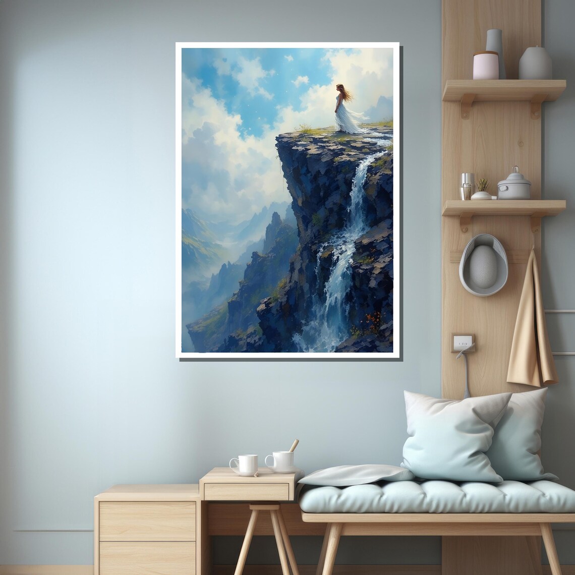 Woman Standing On Cliff Above Waterfall, Majestic Wall Decor - Image 3