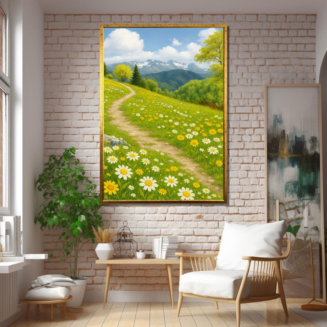 Daisy Meadow Path With Mountain View, Art Print - Image 5