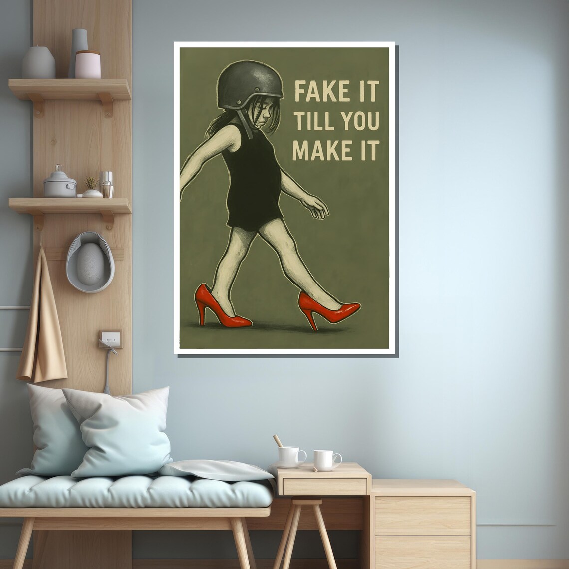 Fake It Till You Make It Motivational Quote Poster Girl in Red Heels - Image 3