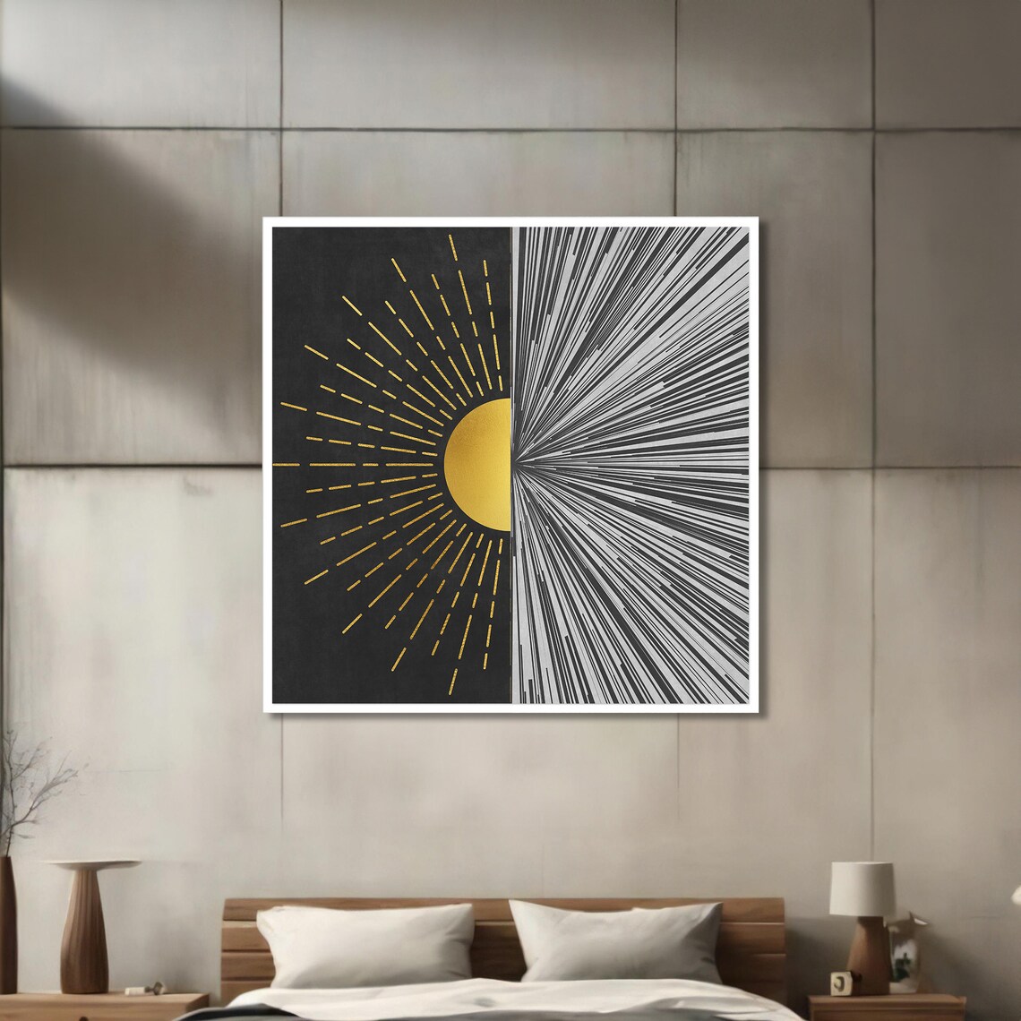 Modern Sun And Lines Painting, Abstract Geometric Decor - Image 3