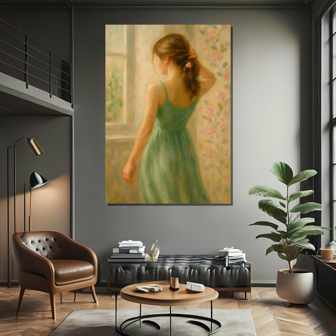 Romantic Woman in Green Dress at Sunlit Window Painting Poster - Image 2