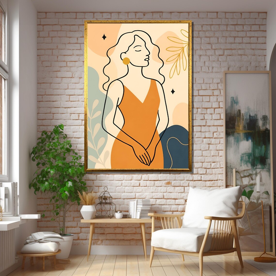 Minimalist Line Art Woman in Orange Dress Boho Abstract Poster - Image 5