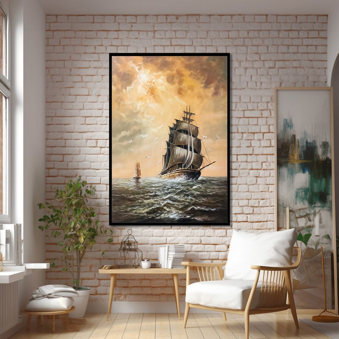 Golden Horizon Ship, Elegant Nautical Art Print - Image 2