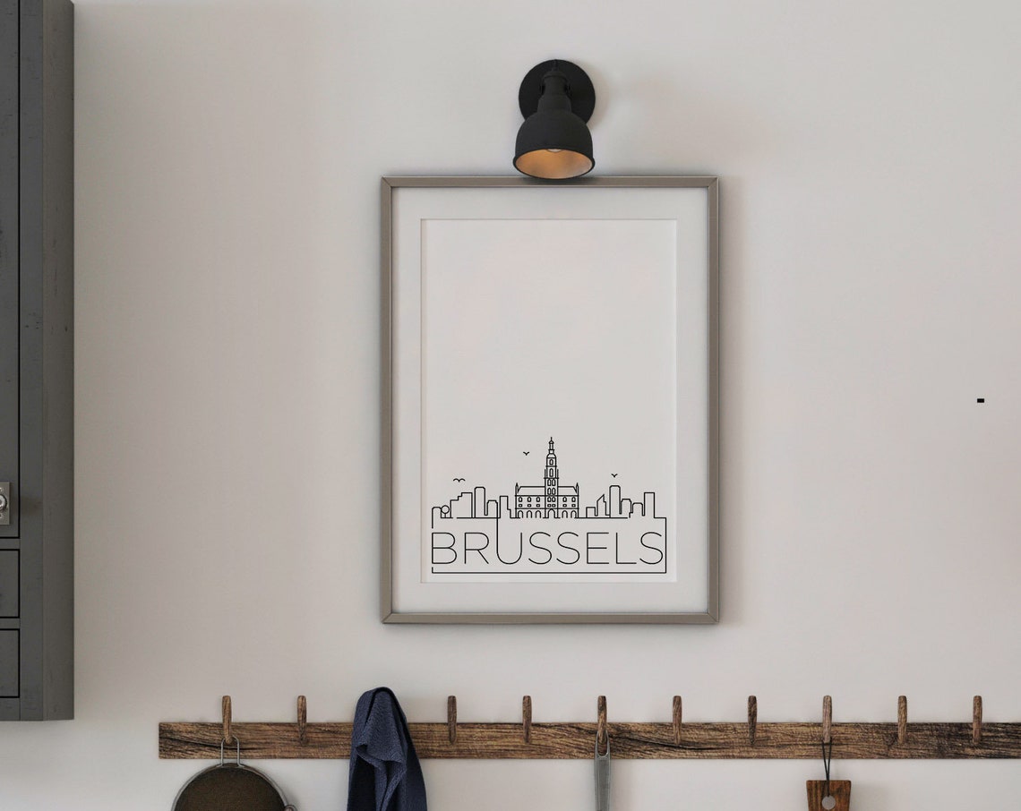 Brussels Belgium Town Hall Tower Minimalist Skyline Line Art Poster
