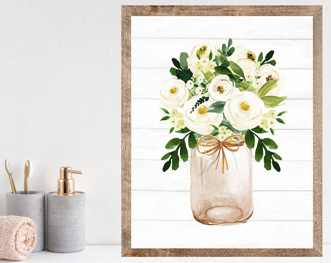 White Floral Watercolor Bouquet In Tan Mason Jar With Twine Bow Poster