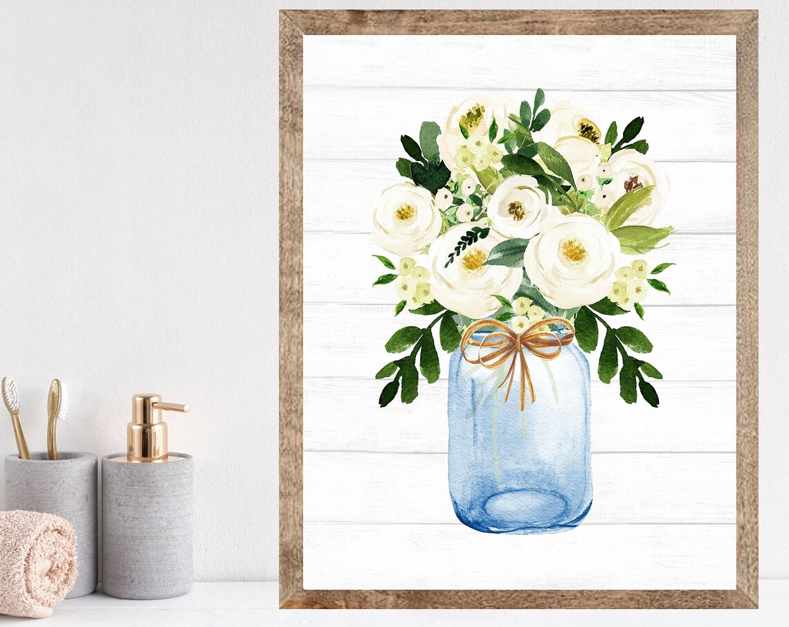 White Floral Bouquet in Navy Mason Jar Watercolor Art Poster