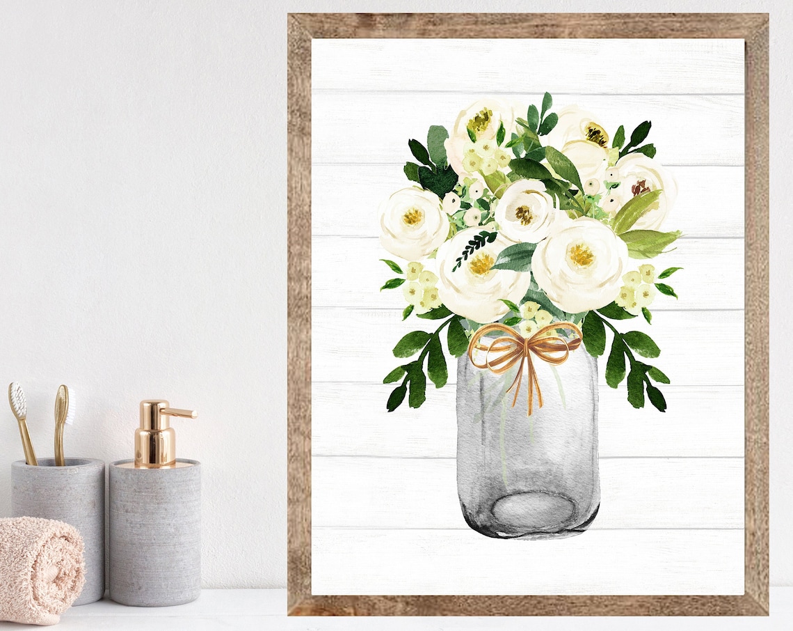 White Ranunculus Bouquet In Black Mason Jar With Twine Bow Poster