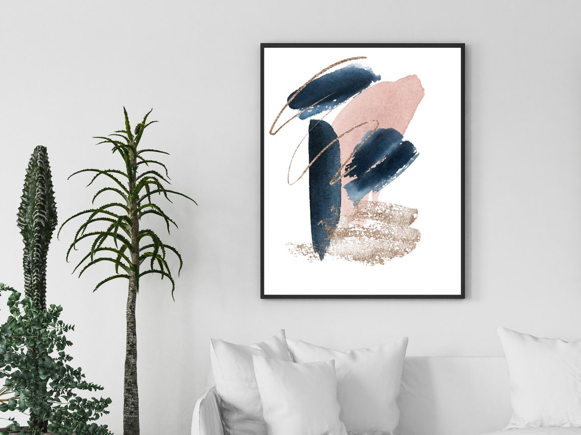 Navy Blush Pink Gold Glitter Brushstrokes Minimalist Art Poster - Image 4