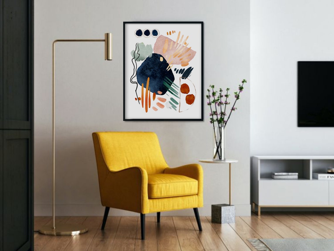 Navy Blue Blush Pink Sage Abstract Watercolor Shapes Wall Poster - Image 3