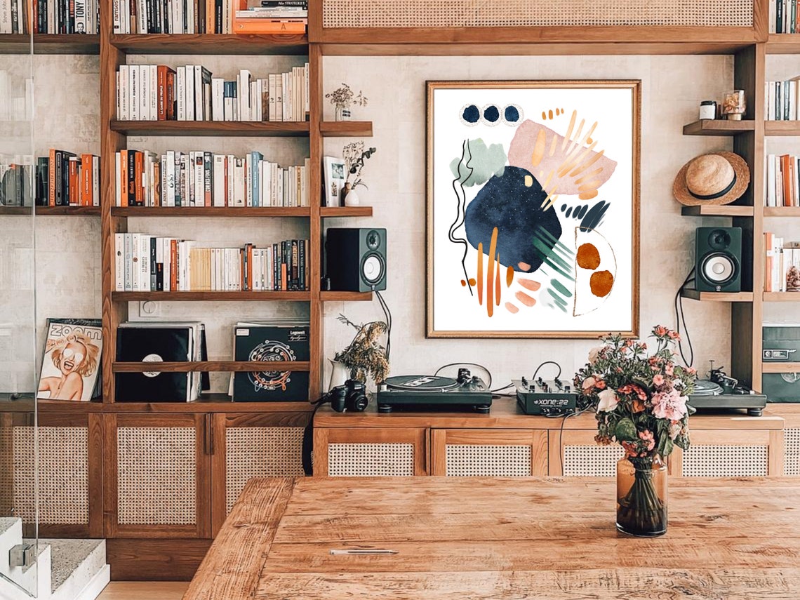 Navy Blue Blush Pink Sage Abstract Watercolor Shapes Wall Poster - Image 2
