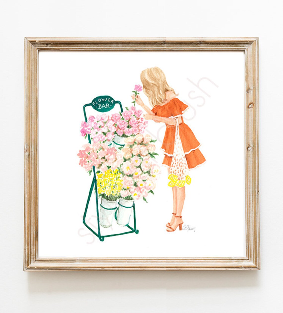 Woman in Rust Orange Dress at Flower Bar Picking Pink Roses Poster - Image 2
