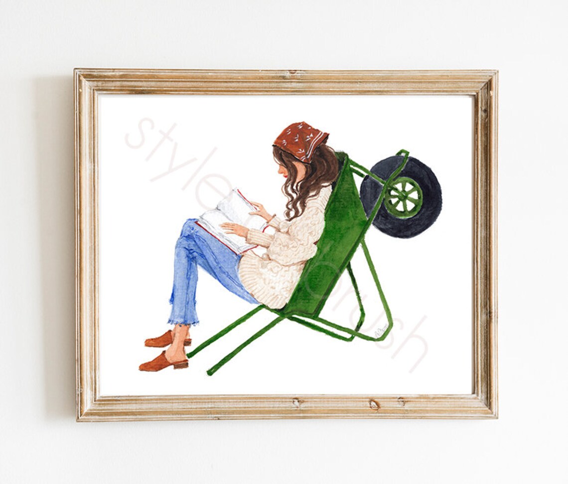 Reading Girl In Green Wheelbarrow Watercolor Illustration Print - Image 2