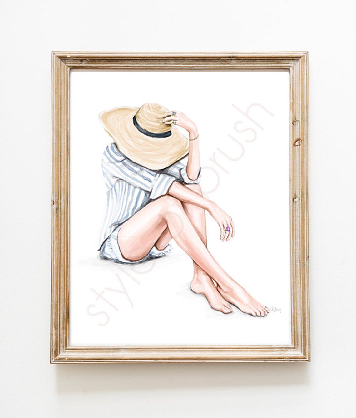Summer Straw Hat Striped Shirt Girl Watercolor Illustration Poster - Image 2