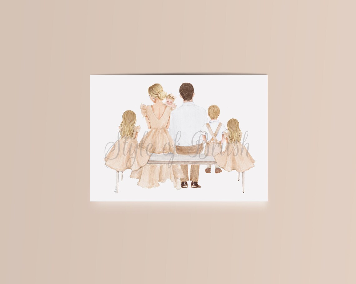 Watercolor Family Portrait Poster Mom Dad and Four Children Bench - Image 2