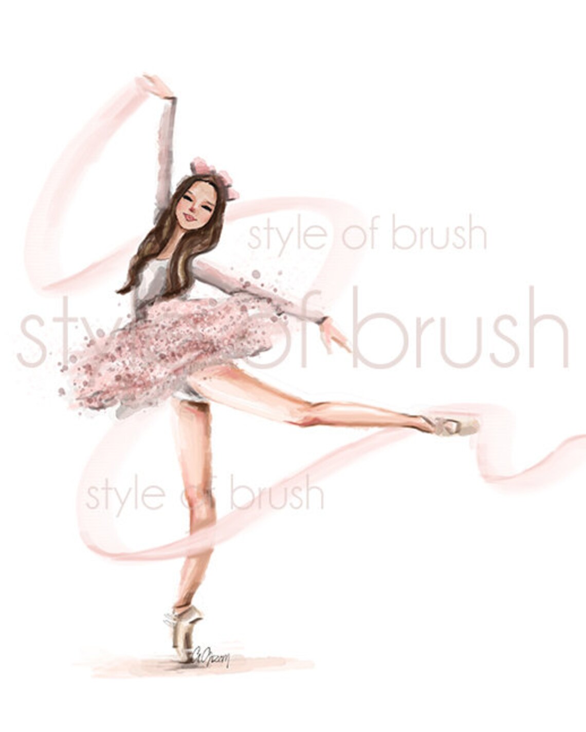 Arabesque Pink Tutu Ballerina with Flowing Ribbon Watercolor Poster - Image 2