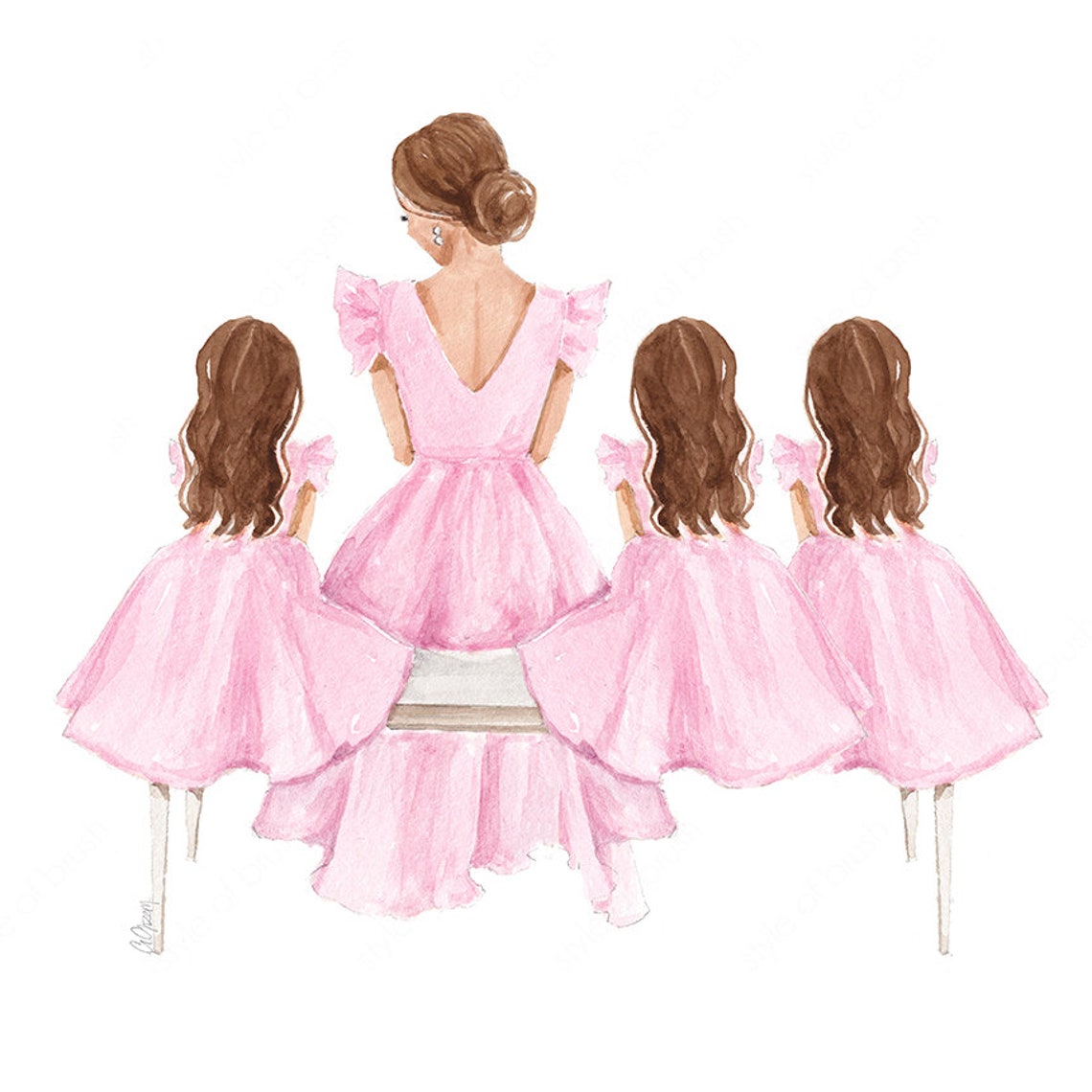 Brunette Mother with Three Daughters in Pink Dresses Fashion Poster