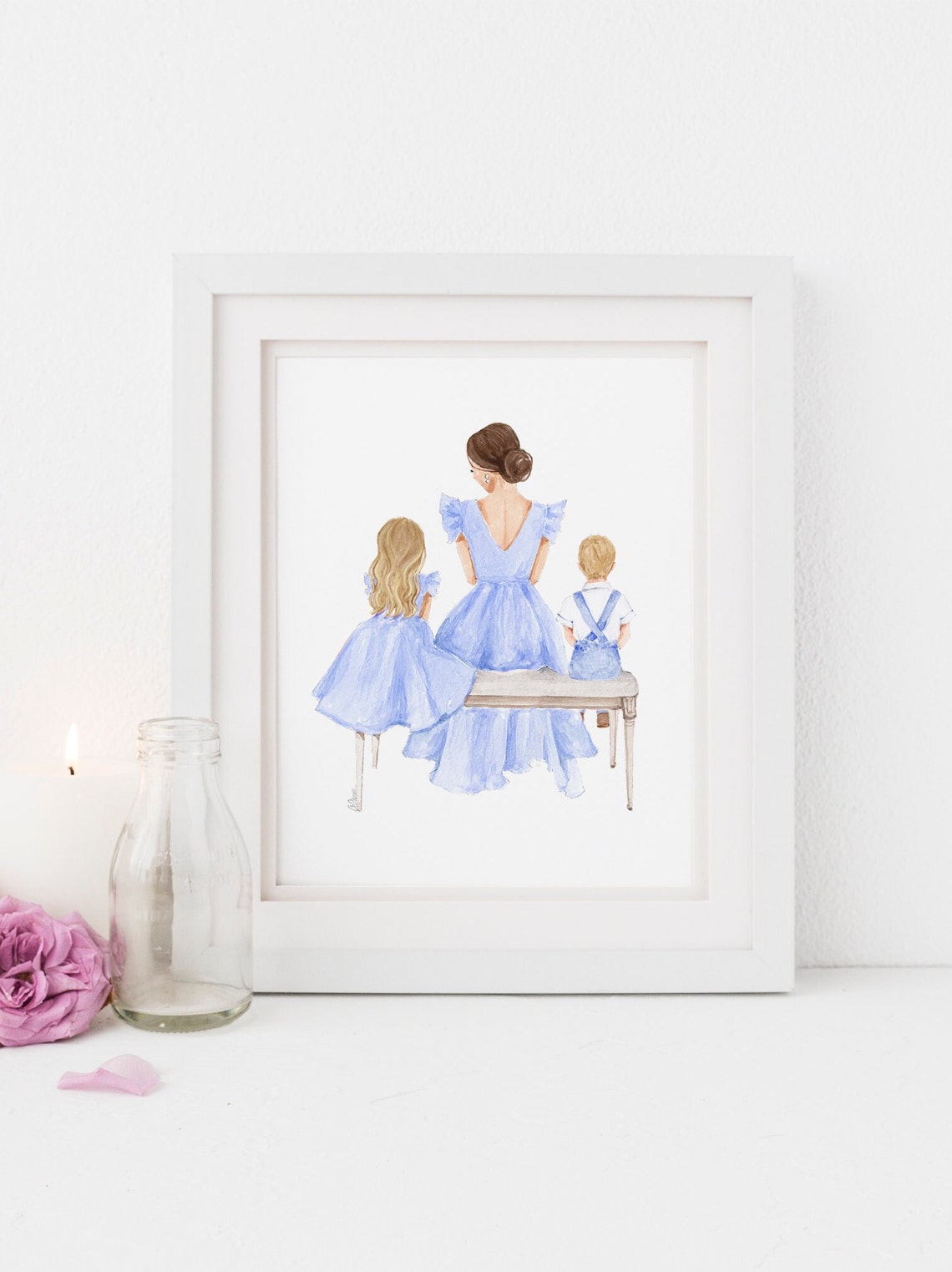 Mother with Daughter and Son Watercolor Bench Portrait Blue Poster