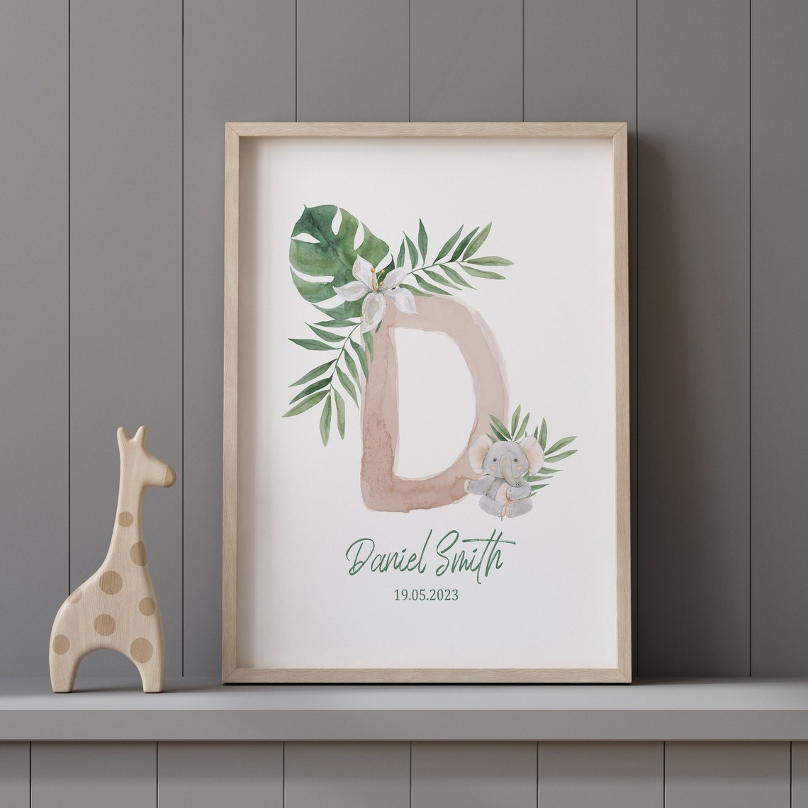 Personalized Baby Initial Name Poster Elephant Nursery Art Gift - Image 2
