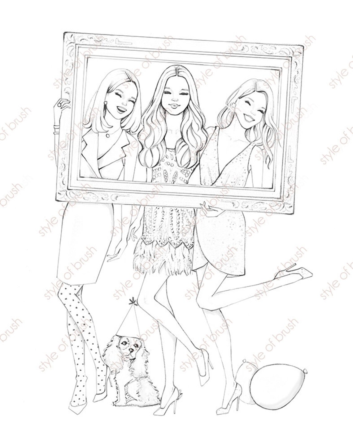 Best Friends Trio of Women in a Gold Frame Fashion Coloring Art Poster - Image 2