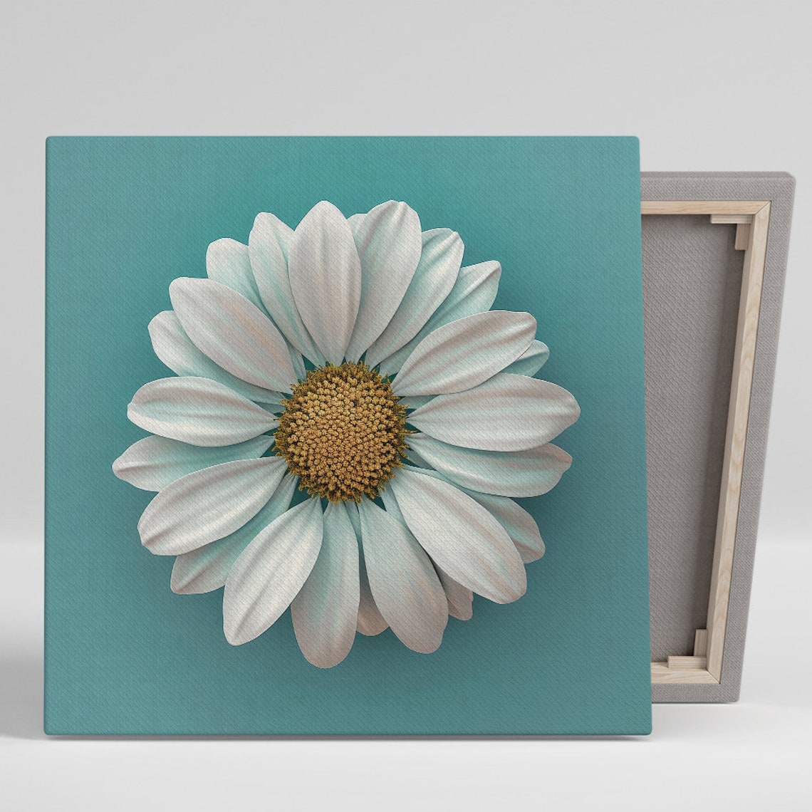 White Daisy Golden Center Turquoise Background Scandinavian Art Poster