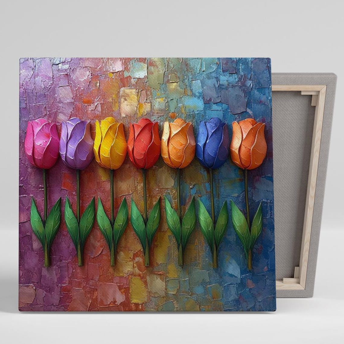 Rainbow Tulips in a Row Colorful Textured Floral Still Life Wall Art