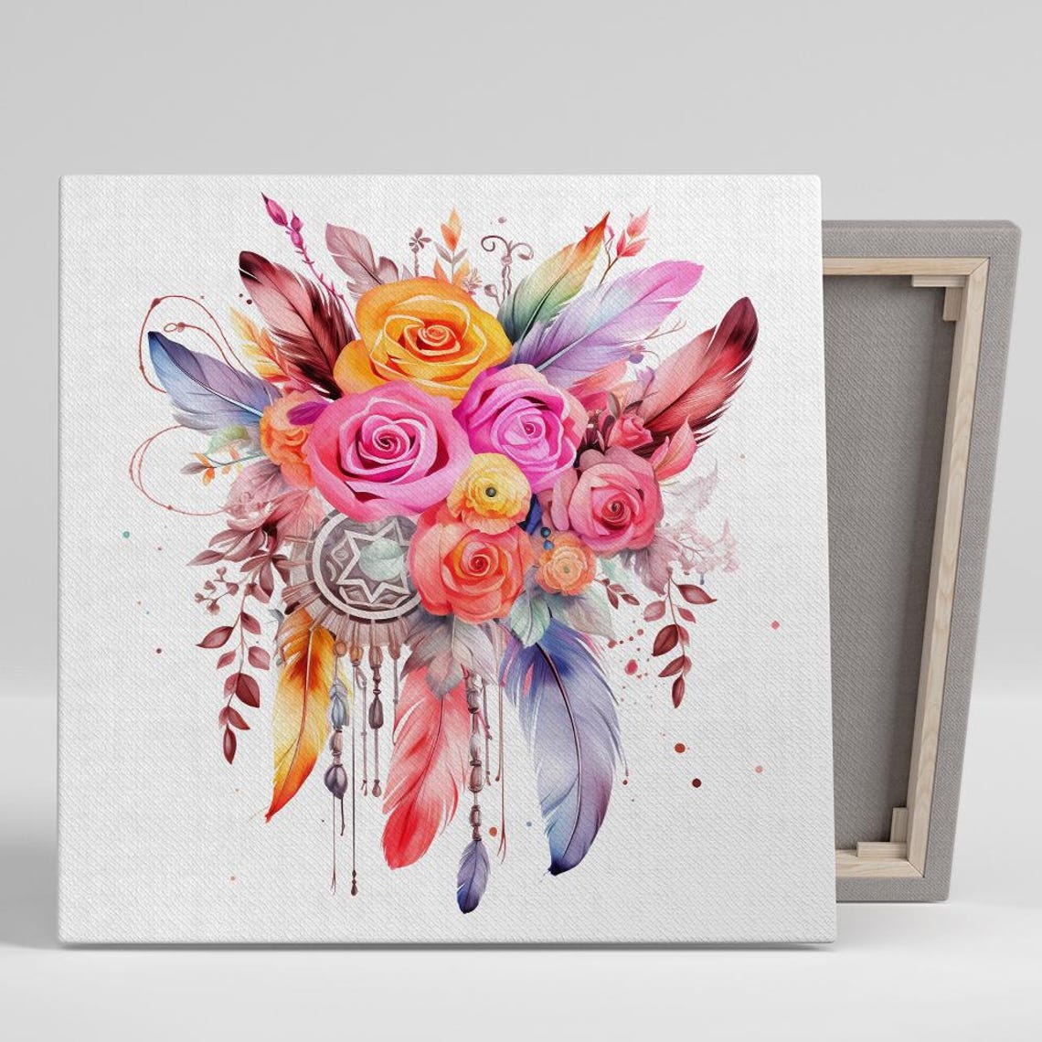 Rose Feather Dreamcatcher Watercolor Whimsical Bohemian Floral Poster