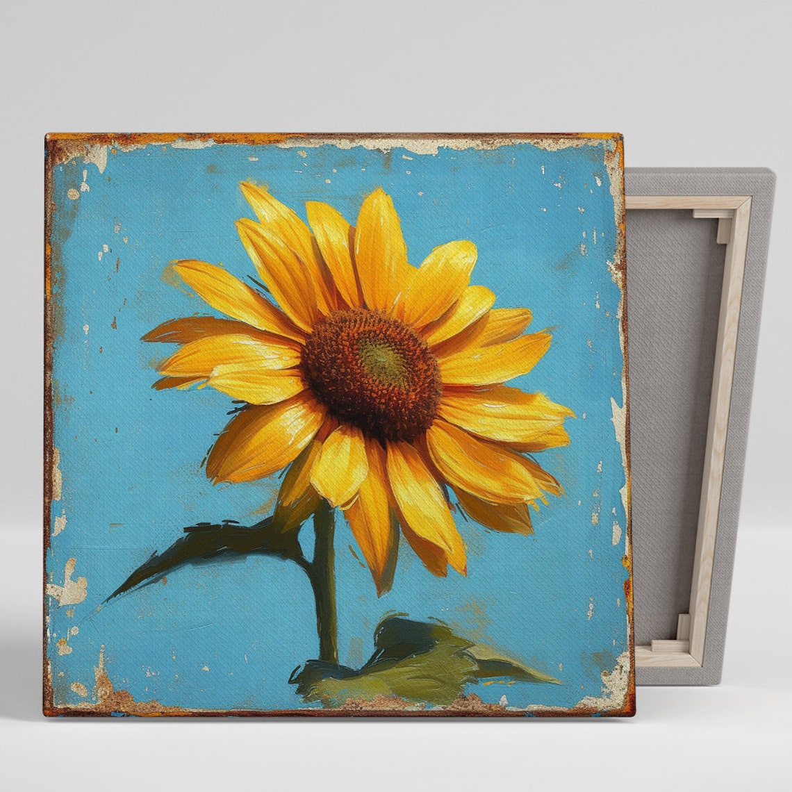 Rustic Sunflower Sky Blue Distressed Vintage Farmhouse Art Print
