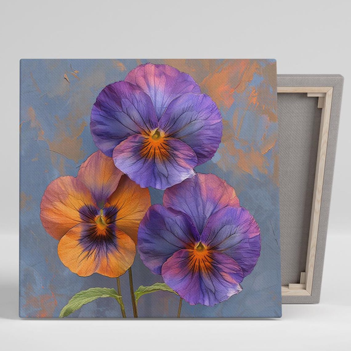 Purple Orange Pansy Trio Large Blooms Modern Floral Wall Art Poster