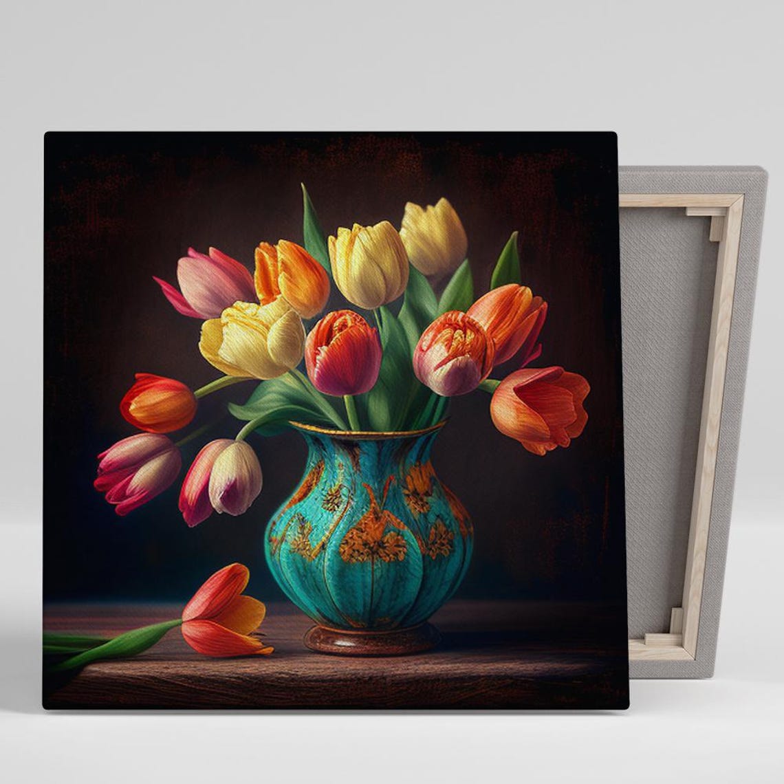 Rustic Tulip Still Life Teal Vase Moody Dark Farmhouse Floral Wall Art