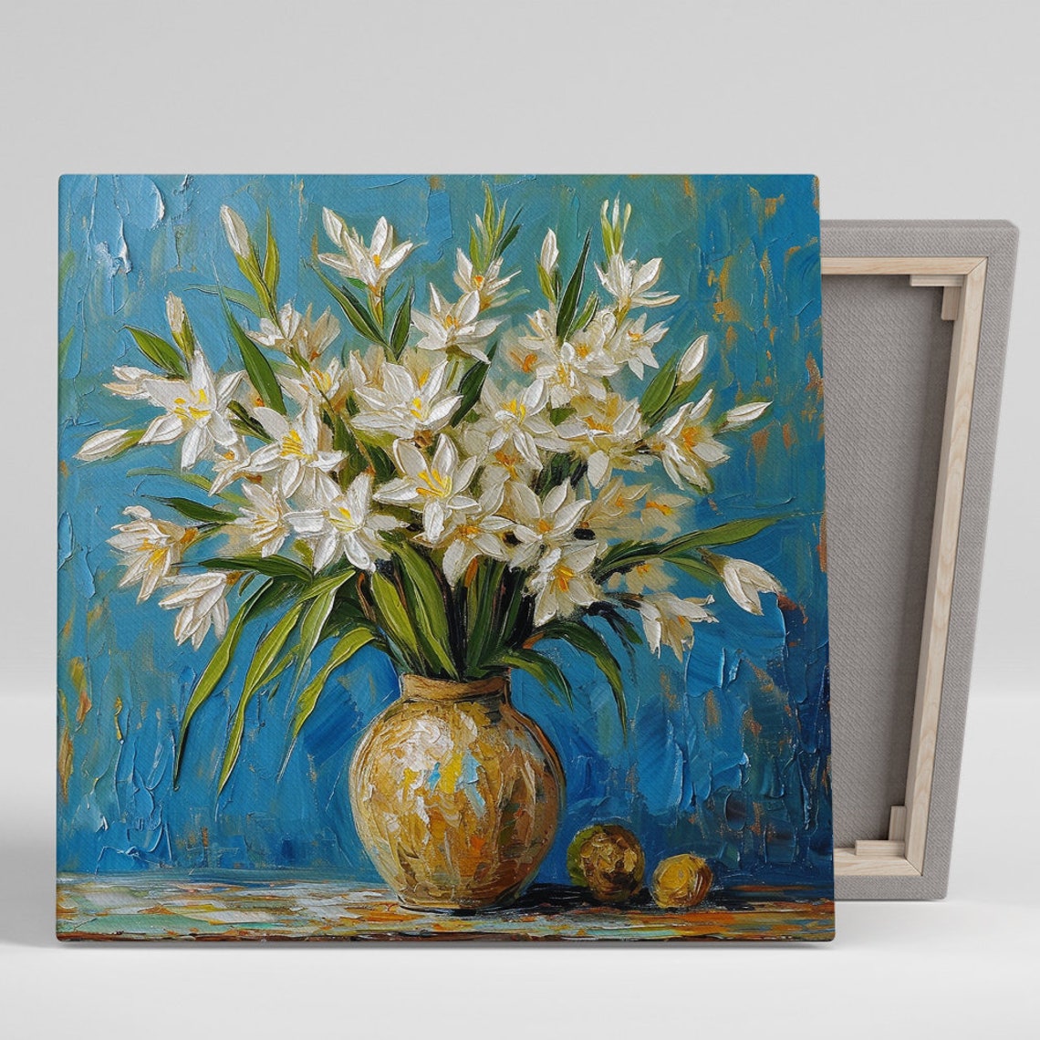 White Lily Bouquet in Golden Vase Teal Impasto Floral Wall Art
