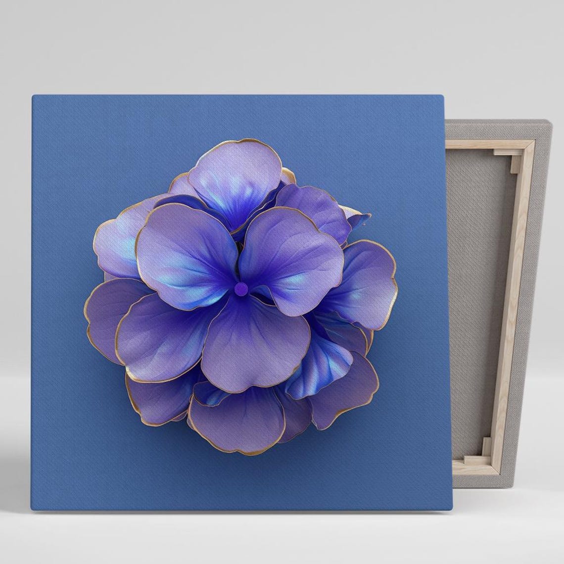 Purple Hydrangea Cluster with Gold Edges on Blue Floral Wall Art