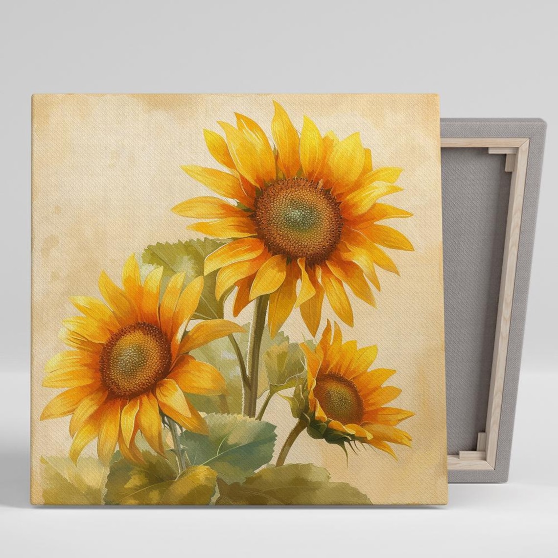 Golden Sunflower Trio Cream Background Warm Watercolor Floral Poster