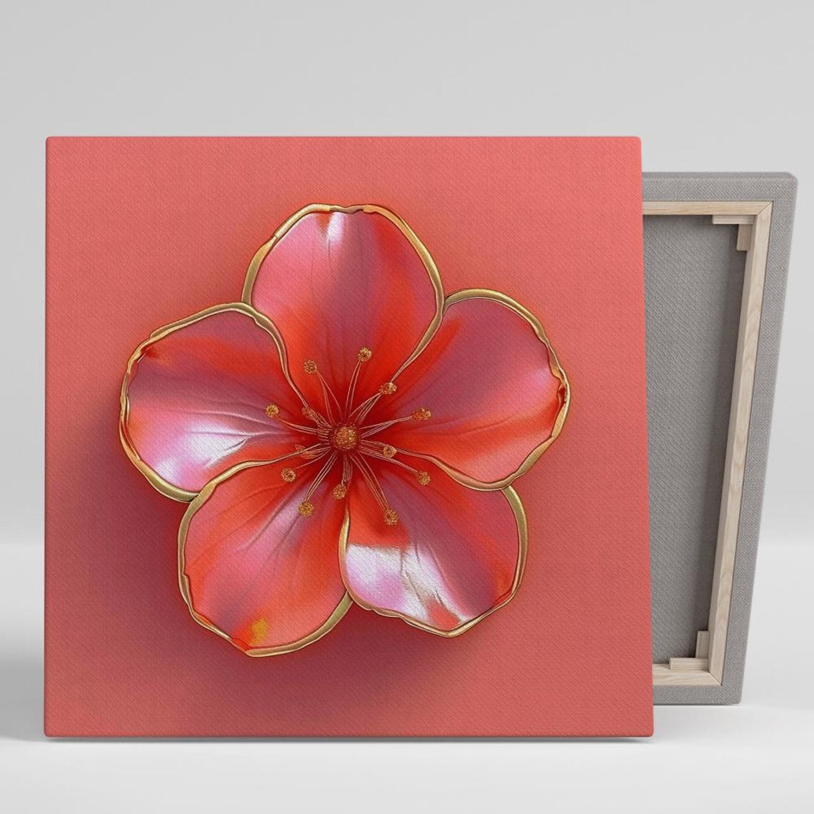 Red Floral Bloom with Gold Trim Glam Minimalist Botanical Art Print