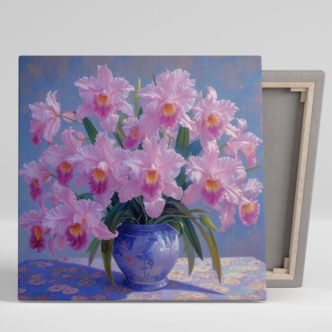Pink Cattleya Orchid Bouquet Blue Porcelain Vase Soft Blue Art Poster